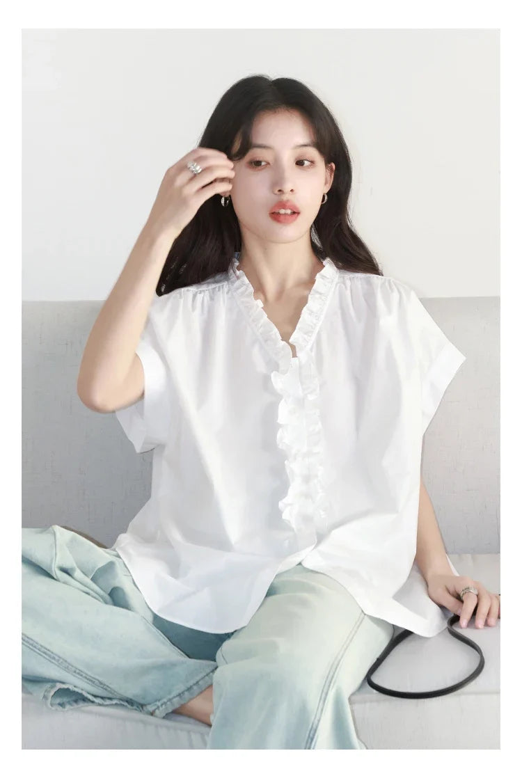 Women Shirts Loose Casual Cotton Ruffled Edge White Short Sleeved Shirt Female Blouses for Woman Summer 2025