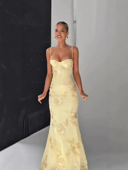 Women Maxi Backless Dress Sexy 3D Floral Embroidery Mermaid Gown Yellow Formal gala Prom Party Dress Long
