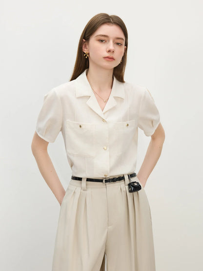 Minimalism Style Linen Short-sleeved Shirt For Women Summer 2025 New Arrival Simple Retro Suit Collar Shirt 25FS12511