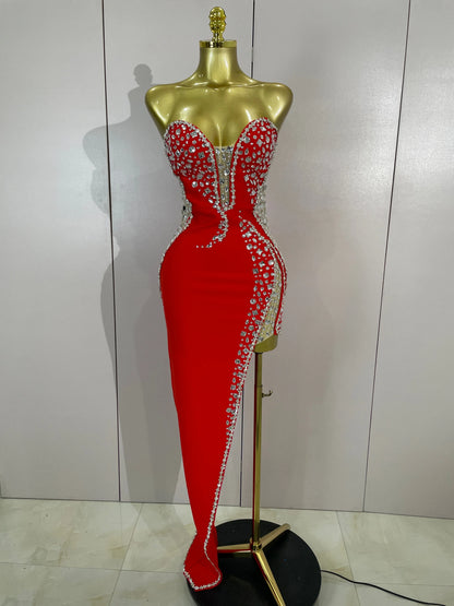 Newest High Quality Sexy Strapless Shinning Rhinestones Bodycon Bandage Long Dress Women Fashion Celebrate Evening Party Vestido