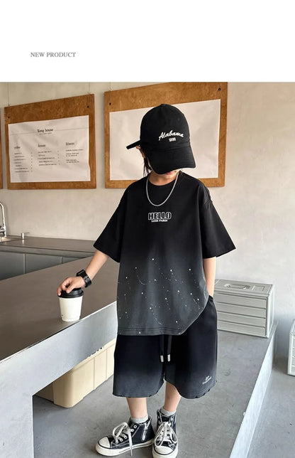 Summer Boys Cotton Leisure Star Print Gradient T-Shirt Top+Shorts Workout Set School Kids 2PCS Tracksuit Children Outfit 5-16 Yr
