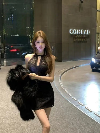 French Sexy Lace Hollow-out Halter Dress Elegant and Fashion Waist-cinching Slim-fit Bodycon Mini Skirt
