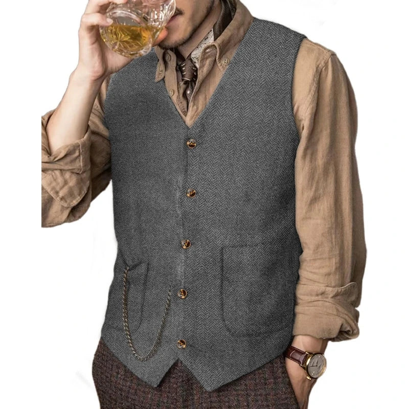 Men Vest Coffee Herringbone Solid Single Breasted Waistcoat For Wedding Business Banquet Party Work Daily Casual Men Suit Vest