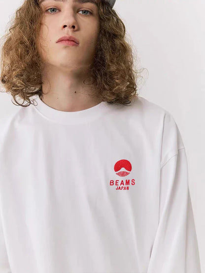 Autumn Limited Edition Japan Fuji Mountain Embroidered Loose Couple Men Women Long Sleeve T-Shirt Cotton Casual O-Neck Tops