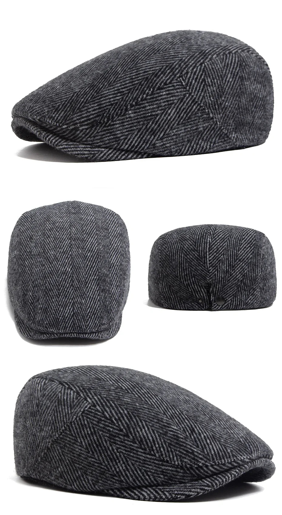 Vintage Big Herringbone Beret For Men Autumn Winter Warm Casual Newsboy Cap Fashion Women Flat Hat Double Breasted Adjustable