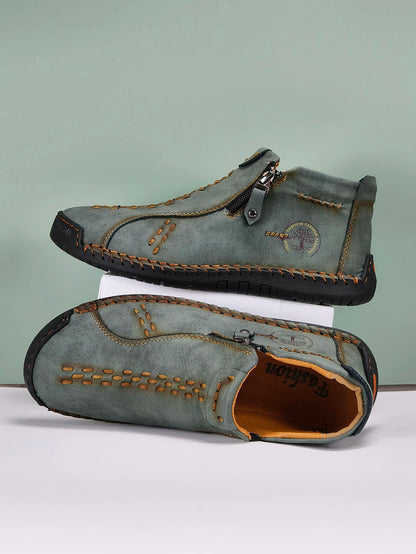New Classic Handmade Leather Men Shoes Zipper Design Outdoor Sneakers Slip On Breathable Casual Shoes Leather Men Ankle Boots