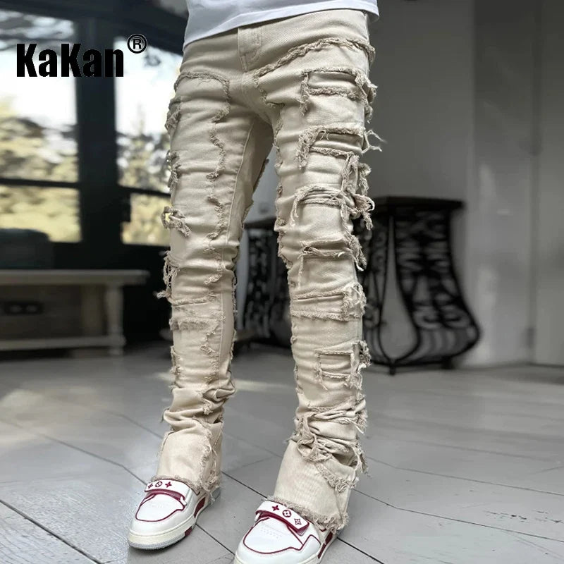 New European and American Heavyweight Streetwise Stretch Patch Jeans for Men, High Street Straight Fit Long Jeans16-3001