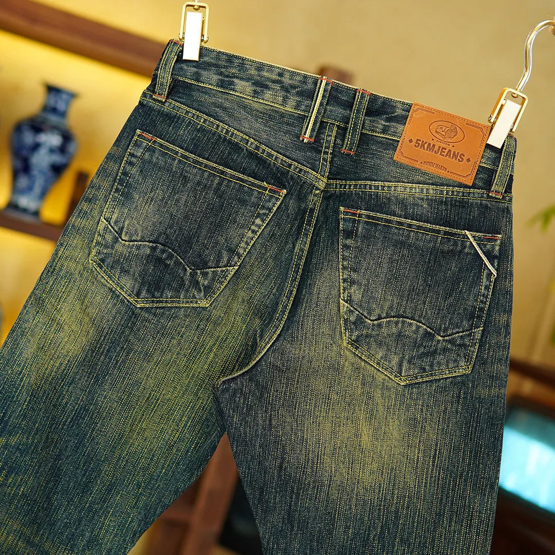 19oz Selvedge Emerald Denim Jeans for Men Tibetan 100% Cotton Yarn Plant-Dyed Thickened Straight-Leg American Retro Trousers 5KM