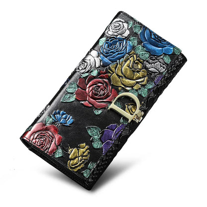 2025 New Genuine Leather Purse Wallet Female 3D Embossing Ladies Personality Retro Long Clutch Wallet Women Purse Coin Holders