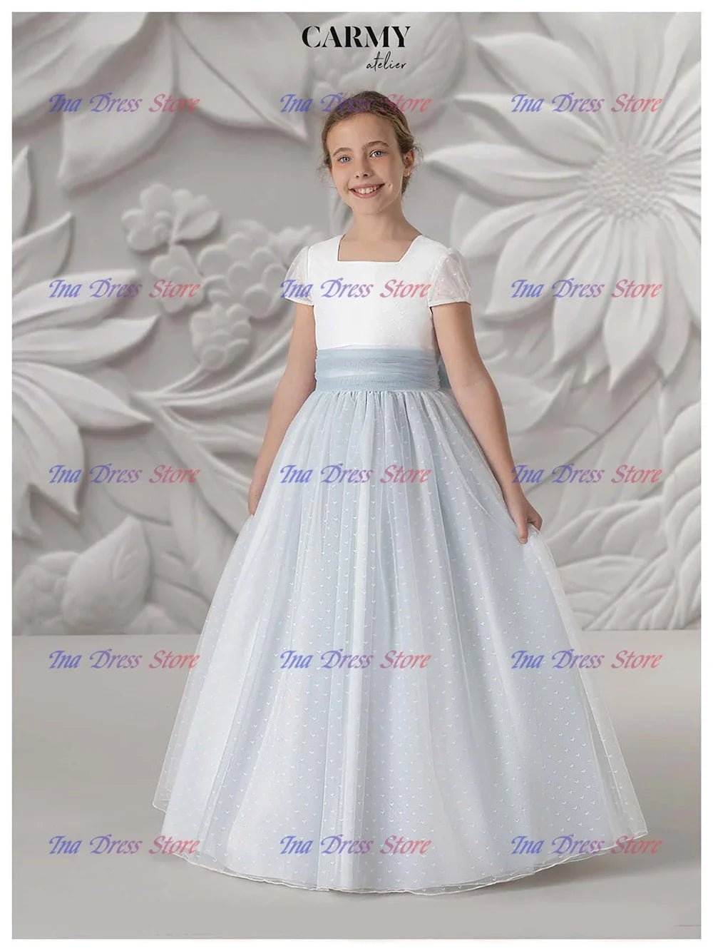 Elegant Long-sleeved Tulle Lace Printing Flower Girl Dress Princess Ball First Communion Dresses Kids Surprise Birthday Present