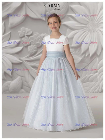 Elegant Long-sleeved Tulle Lace Printing Flower Girl Dress Princess Ball First Communion Dresses Kids Surprise Birthday Present