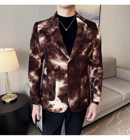 High QualityTie Dye Chenille Men Fashion Casual Suit Jacket Autumn Winter New Korean Slim Fit Social Wedding Suit Blazer