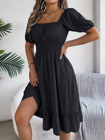 Spring Summer Elegant High Waisted Dress Square Neck Short Sleeved Ruffled Edge Long Dresses 2026 Valentine's Day Woman Clothing