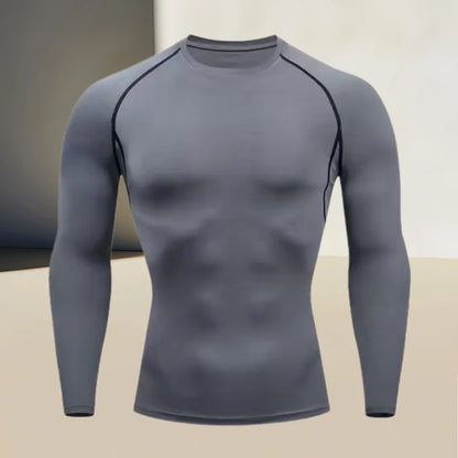 Men's fitness compression shirt with round neck, long sleeved muscle fit, suitable for bodybuilding and physical training