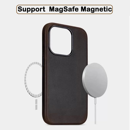 Italian Crazy Horse Genuine Leather Case for iPhone 16 15 17 Pro Max Magnetic Cases Personality Cowhide with MagSafe Phone Cover
