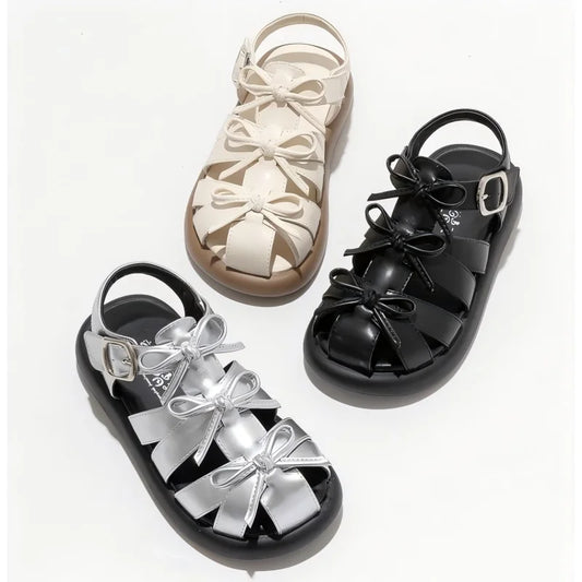 Kids'Casual Shoes Sandals PU Leather Bow Fashion Summer Shoes For Girls Hook and Loop Anti-slip Silver Black Shoes Size 26-36