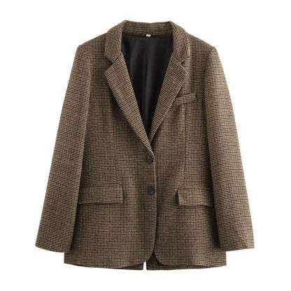 Autumn Winter Plaid Mixed Fabric Women's Suit Jaet Versatile Design New Arrival Faionable Commute Sle Long Sve