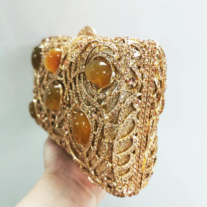 Golden Crystal Women Evening Bags Big Stones Clutch Bag Wedding Bridal Metal Minaudiere Handbags and Purses Ladies Party Clutch
