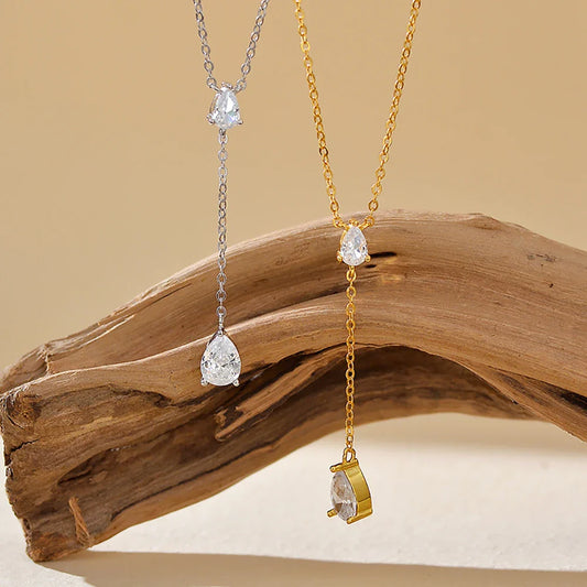 2-Stone Waterdrop Moissanite Pendant Necklace for Women 925 Silver 1.5cttw Y-Style Long Tassel Pear Cut Lab Diamond Neckchain