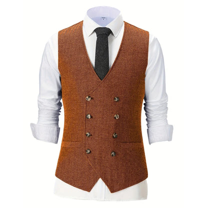 Men Vest Chanpagne Herringbone Double Button V Neck Waistcoat For Wedding Party Business Work Office Daily Casual Men Suit Vest