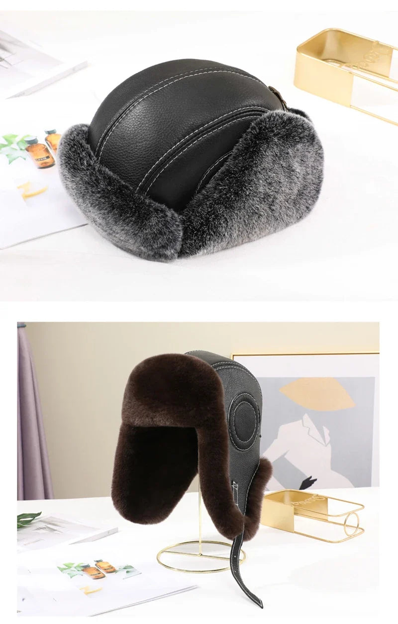 2026  Winter Men's 100% Real Rex Rabbit Fur Bomber Hat Ushanka Cap Trapper Russian Man Ski Hats Caps Real Sheepskin Leather