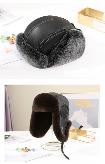 2026  Winter Men's 100% Real Rex Rabbit Fur Bomber Hat Ushanka Cap Trapper Russian Man Ski Hats Caps Real Sheepskin Leather