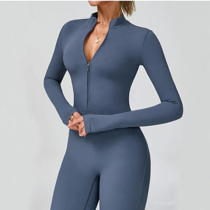 VITALINOVO Women Long Sleeve Flare Workout Jumpsuit Zip Up Romper Bottom Pants Wide Leg Full Length Bodysuit Bodycon One Piece