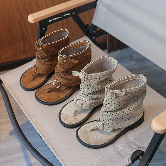 Ankle-strap Summer Slouchy Boots for Girls Suede Leather High-top Sandals Princess Cut-outs Flip Flop Dress Shoes Child J03203