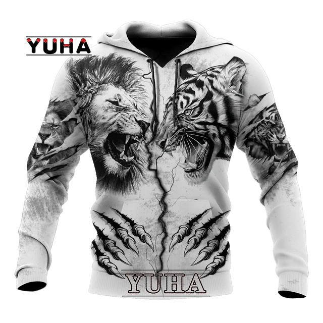 Spring and Autumn Tiger Lion Tattoo 3D Printed Men's Hoodie Unisex Harajuku Fun Hip Hop Sweatshirt Street Essential Oversized