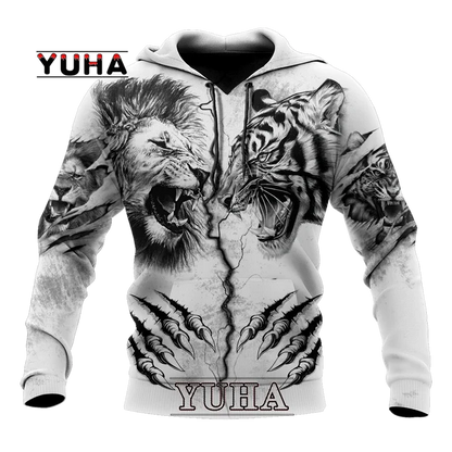 Spring and Autumn Tiger Lion Tattoo 3D Printed Men's Hoodie Unisex Harajuku Fun Hip Hop Sweatshirt Street Essential Oversized
