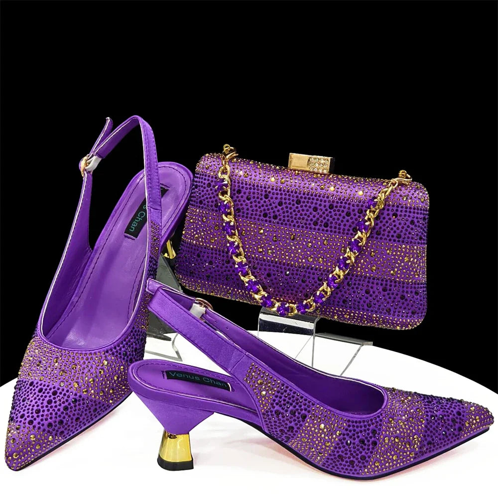 High Heels Shoes for Women Embroidery Rhinestone Italian Design Gold Color Pointed Toe Shoes and Bags Set Fashio