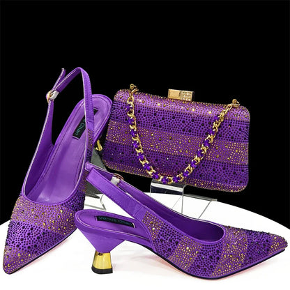 High Heels Shoes for Women Embroidery Rhinestone Italian Design Gold Color Pointed Toe Shoes and Bags Set Fashio