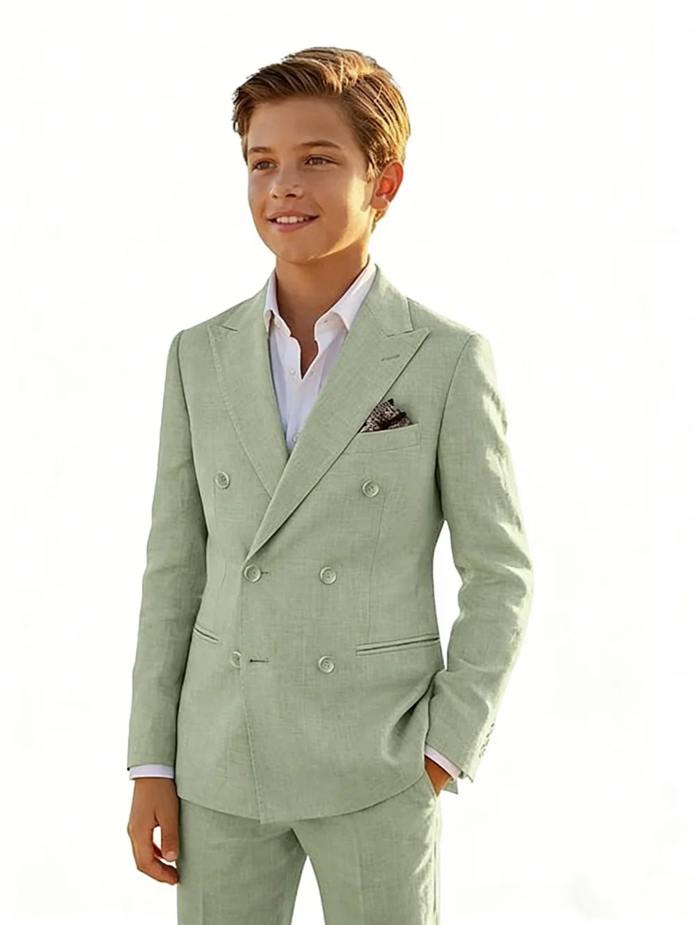 Boys Linen Suit Set 2 Pieces Banquet Party Wear Double Breasted Kids Tuxedo With Jacket Pants For Birthday Gift Elegant Suits