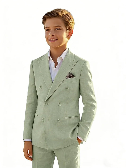 Boys Linen Suit Set 2 Pieces Banquet Party Wear Double Breasted Kids Tuxedo With Jacket Pants For Birthday Gift Elegant Suits