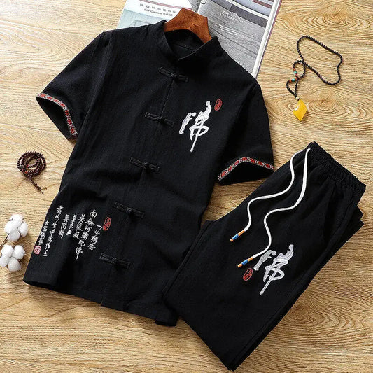 Summer Chinese style Shirts + Pants Dragon Embroried 100% Cotton linen Sportswear Men's Casual Sets Male Fashion Chinese style