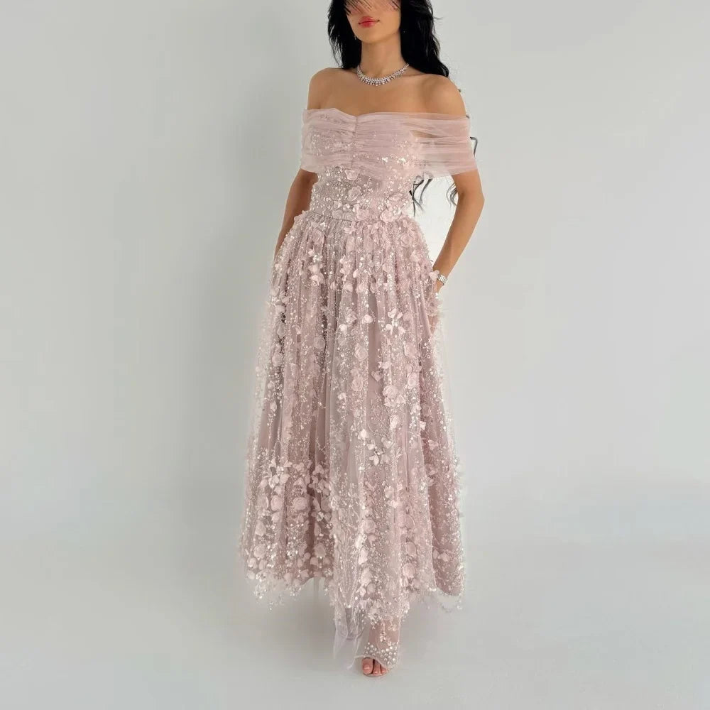 Customized Sparkle Net Pleat Sequined A-line Off-the-shoulder Midi Dresses Homecoming Dresses Classic Exquisite Modern Style Pas