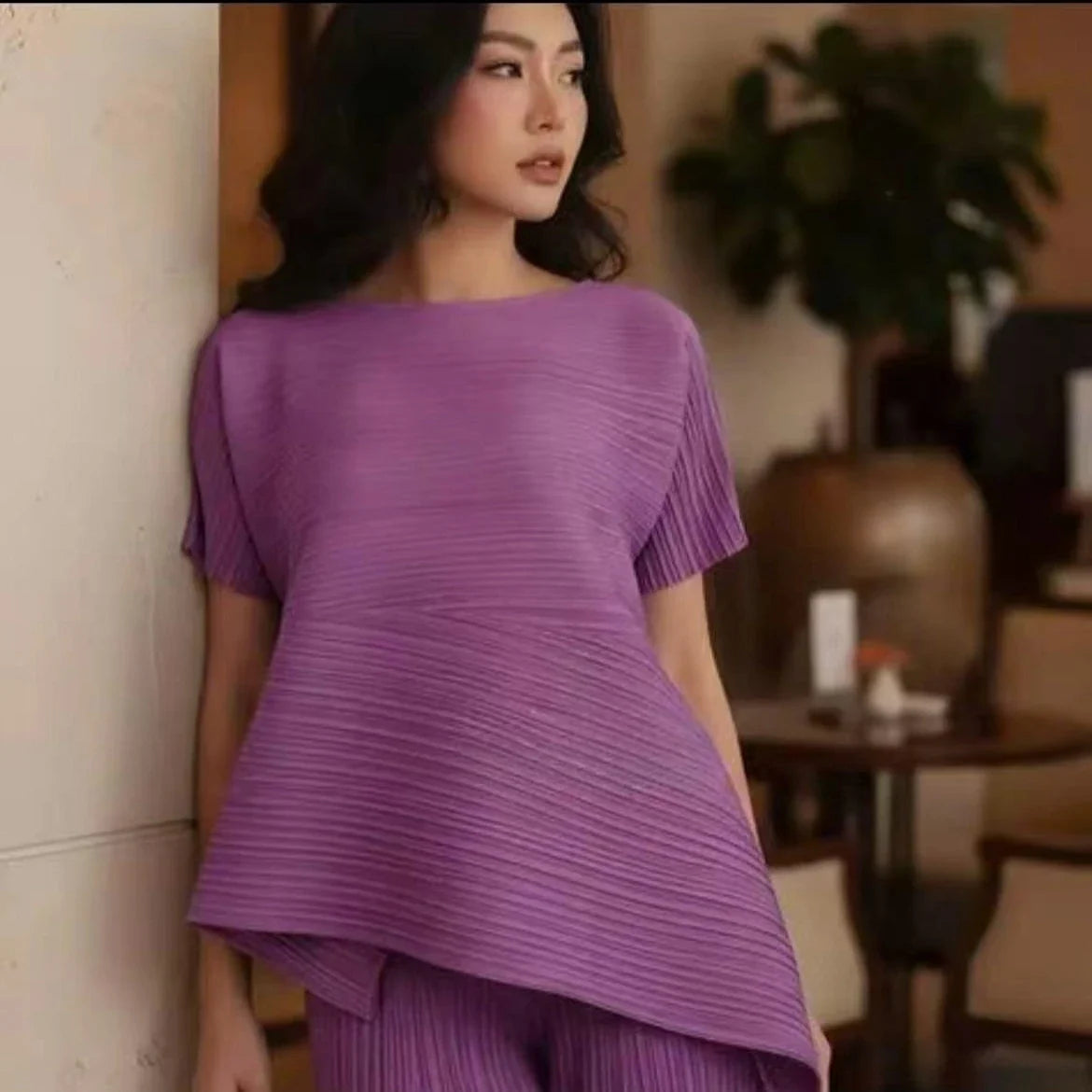 Miyake Irregular Short Sleeve Pleated Top Simple Loose Plus Size with Stretch T-Shirt Vacation Office Clothing Polyester Crepe