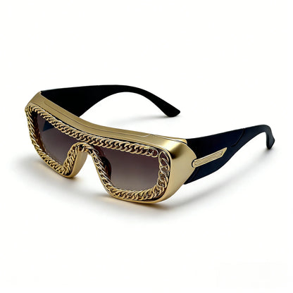 Luxury Gold Chain Small Rectangle Sunglasses Man Thick Frame Punk Rock Hip Hop Party Cool Shades UV400 gafas sol hombre