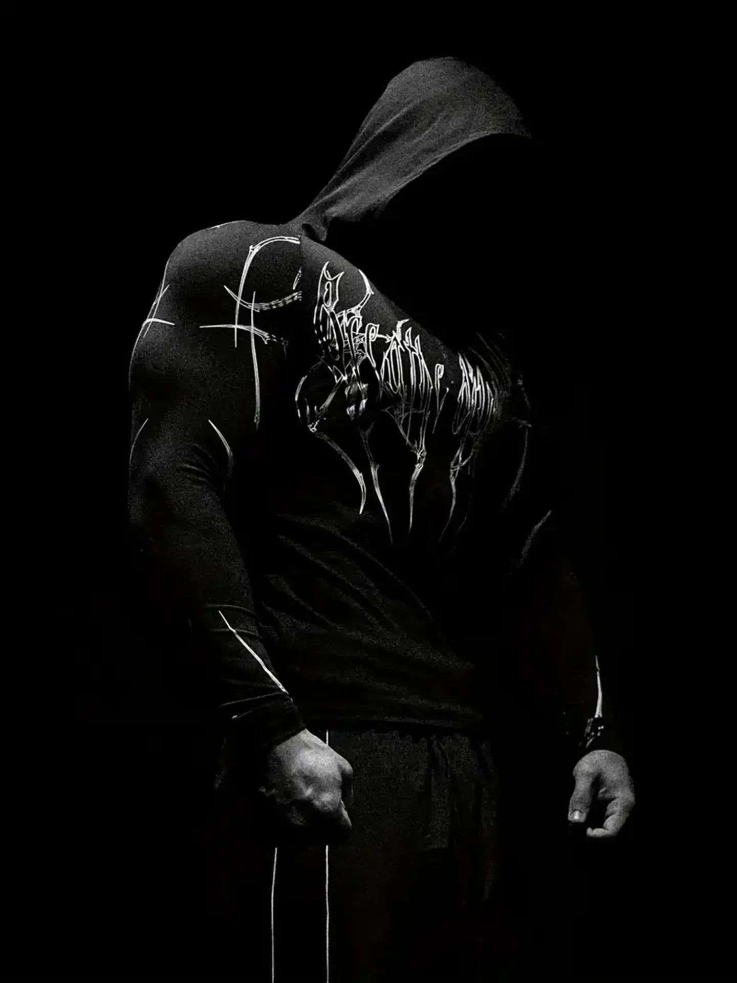 2026 Spring Summer New Men's Black Hooded Sports Compression Long Sleeve Shadow Style Street Subcultural Style