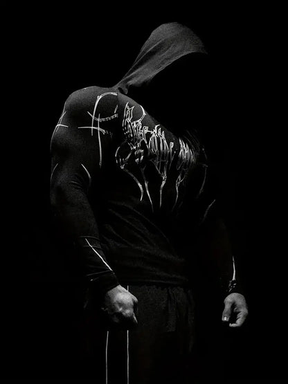 2026 Spring Summer New Men's Black Hooded Sports Compression Long Sleeve Shadow Style Street Subcultural Style