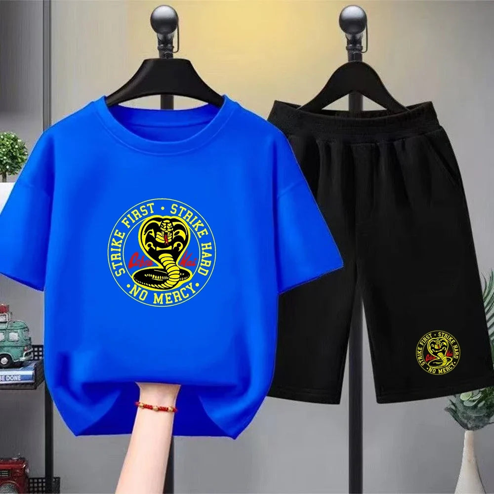 Summer T-Shirt + Shorts Anime Snake Print Boy Black Girl Sets T-Shirt Kids Tops Casual Tees Round Neck Short-Sleeved Top