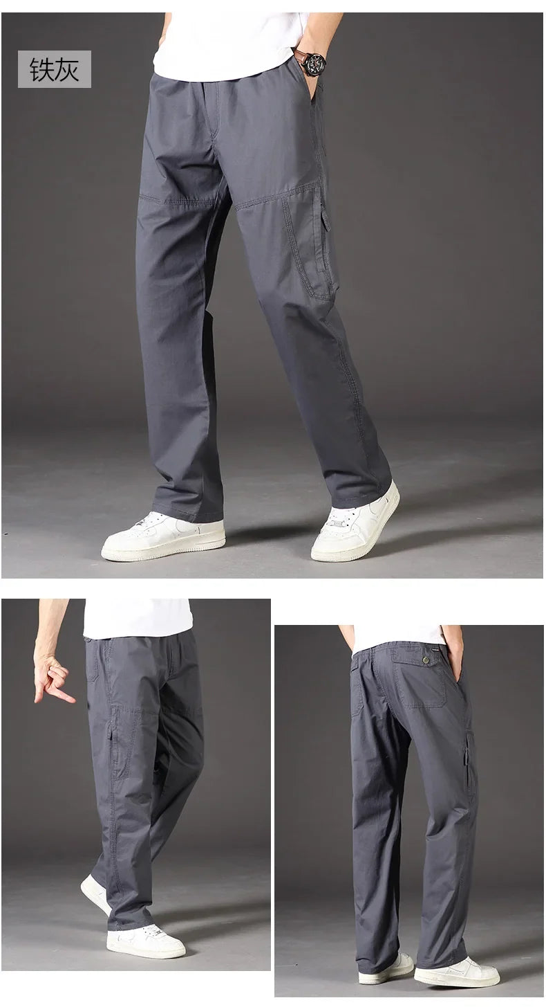 Men's Overalls Cotton Cargo Pants Casual Sports Sweatpants Stretch Waist Work Utility Dungarees Black Gym Jogger Trousers