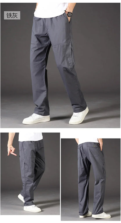 Men's Overalls Cotton Cargo Pants Casual Sports Sweatpants Stretch Waist Work Utility Dungarees Black Gym Jogger Trousers