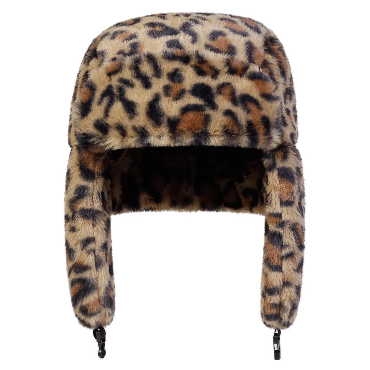 Unisex Plush Leopard Print Lei Feng Hat Winter Earflap Hat Keep Warm Ski Hat Bomber Hat for Outdoor Riding Snow Activities