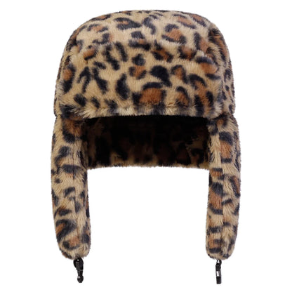 Unisex Plush Leopard Print Lei Feng Hat Winter Earflap Hat Keep Warm Ski Hat Bomber Hat for Outdoor Riding Snow Activities