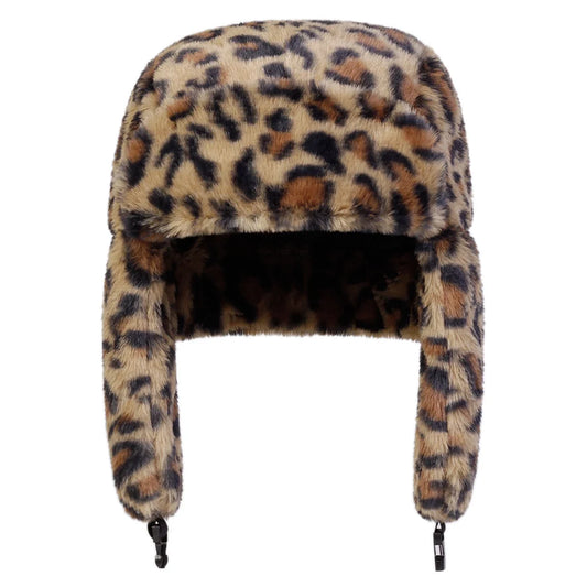Unisex Plush Leopard Print Lei Feng Hat Winter Earflap Hat Keep Warm Ski Hat Bomber Hat for Outdoor Riding Snow Activities