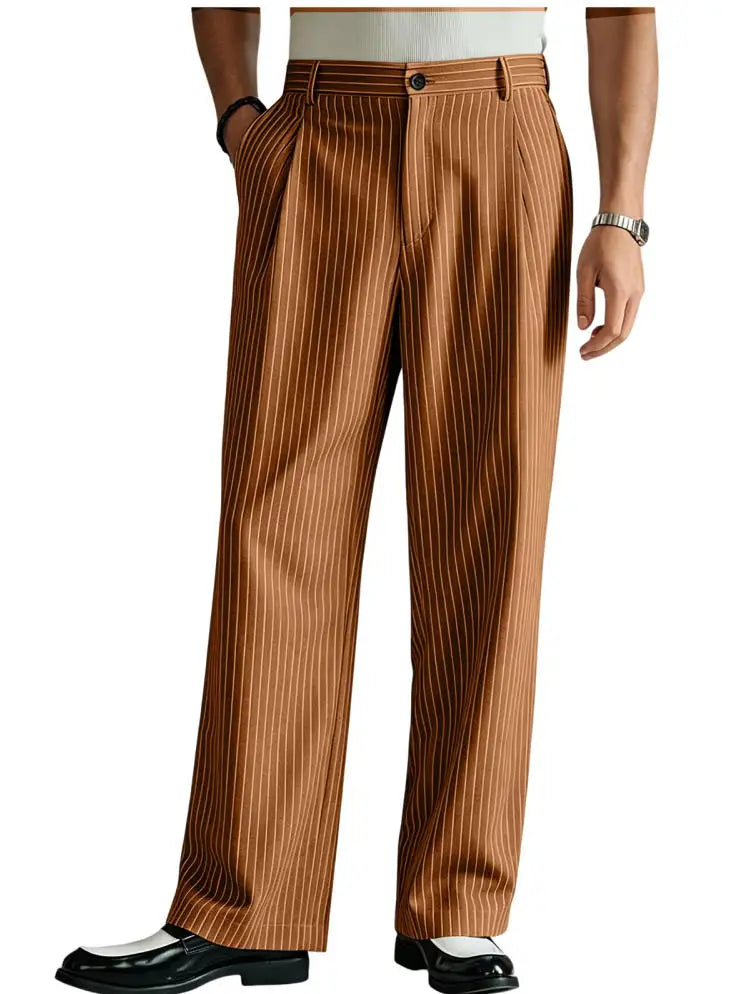 Vintage Men Pants Thin Slacks Business Striped Trousers High Waist Pleated Wide Leg Loose Straight Casual Office Wedding