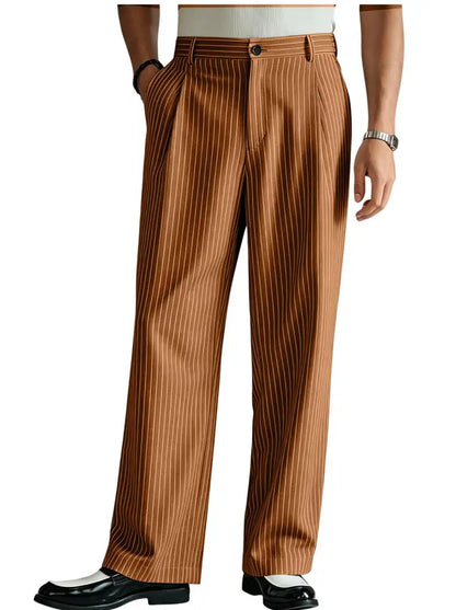 Vintage Men Pants Thin Slacks Business Striped Trousers High Waist Pleated Wide Leg Loose Straight Casual Office Wedding