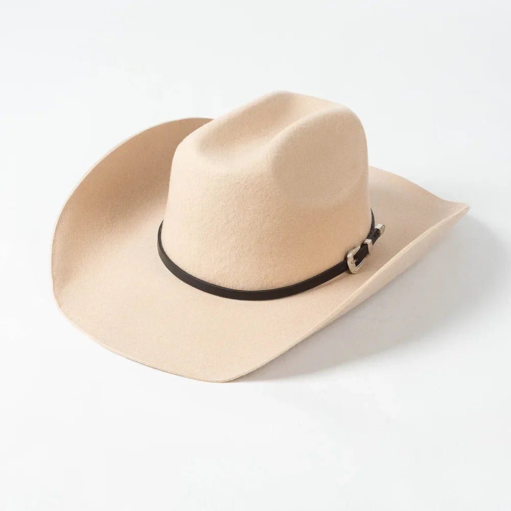 New Autumn Winter Women Fedoras with Belt Buckle Wide Brim Rolled Wool Cowboy Hat M L Size Obtainable