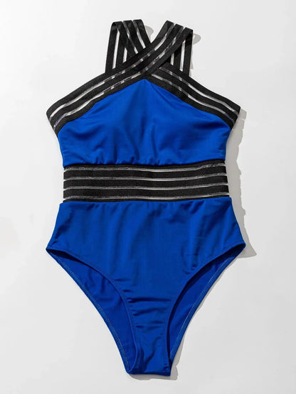 Solid Mesh Tape Swimsuit 2026 One Piece Sexy High Neck Swimwear Women Cross Front Bathing Suit Female Padded Beachwear Bodysuit